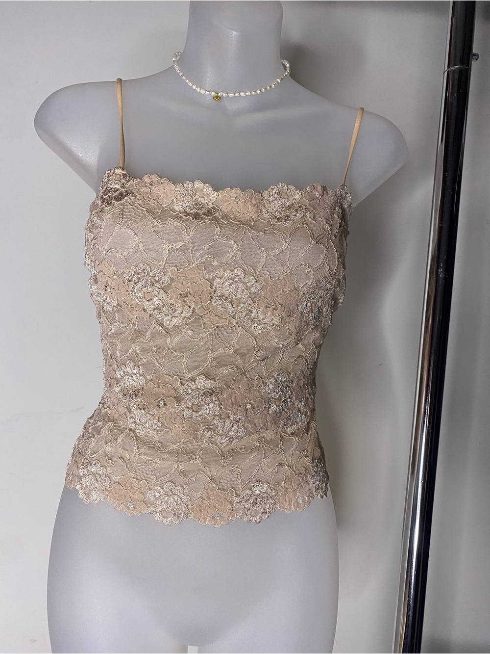 Josie Natori Beige Floral Lace Camisole with Scalloped Hem